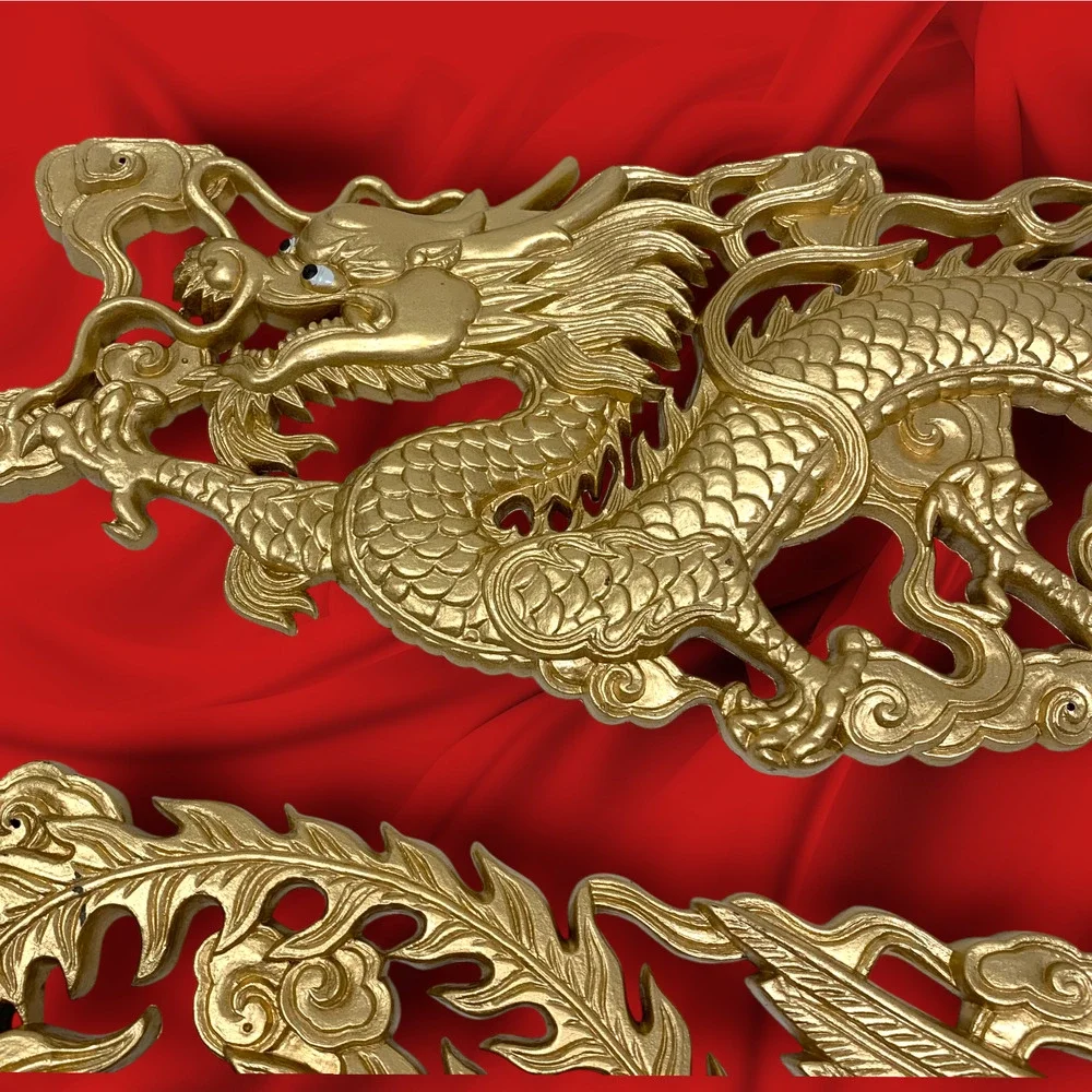 Vintage Dragon & Phoenix Wall Plaques Gold Tone Molded Resin Asian Decor 18